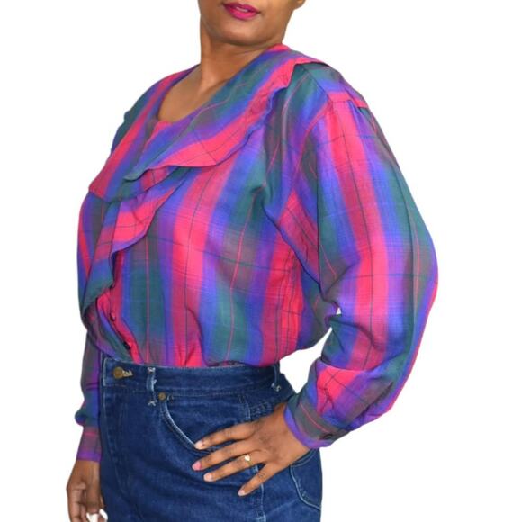 Ruffle Collar Blouse Vintage Pink Purple Plaid 90s Button Front Top Size Medium - Picture 8 of 12